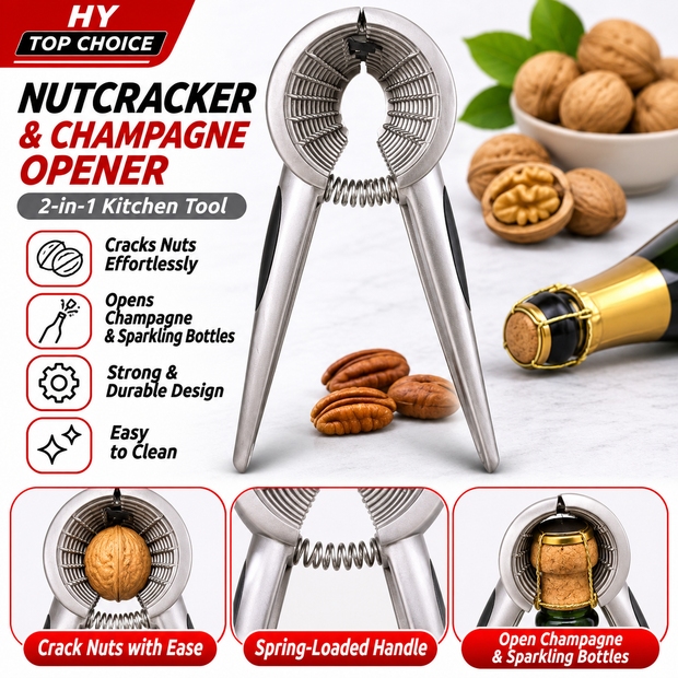 2-in-1 Heavy-Duty Nutcracker &amp; Champagne Opener – Multipurpose Metal Kitchen Tool
