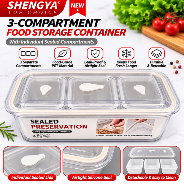 3-Compartment Food Storage Container with Individual Lids – Airtight & Reusable