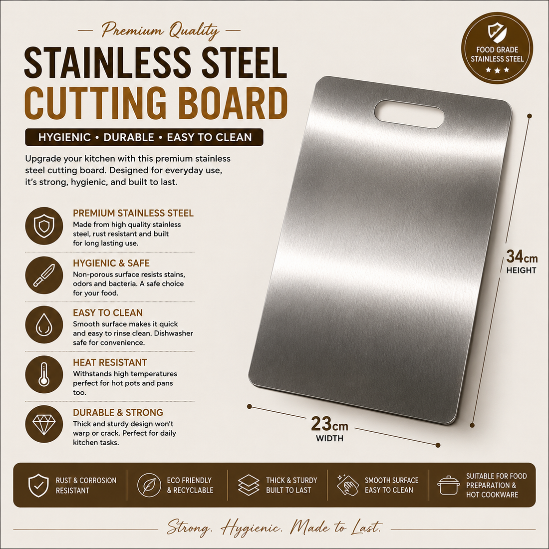 Stainless Steel Cutting Board – 34 × 23 cm