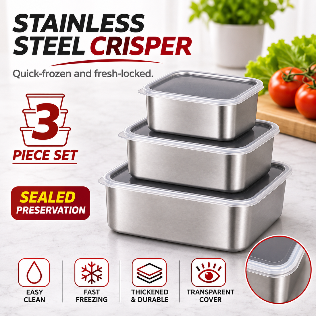 Stainless Steel Food Storage Containers with Lids – 3-Piece Set