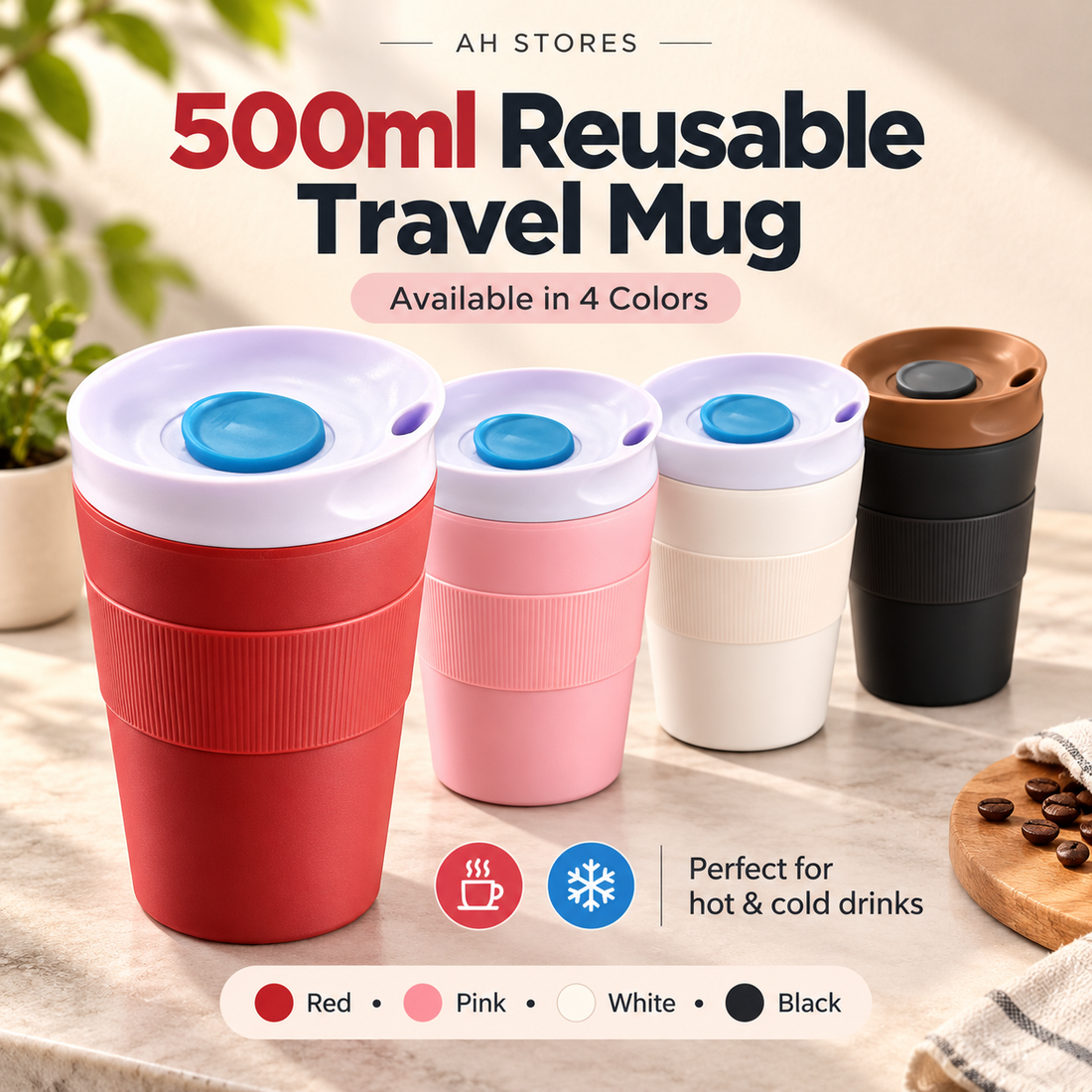 500ml Reusable Travel Mug with Lid