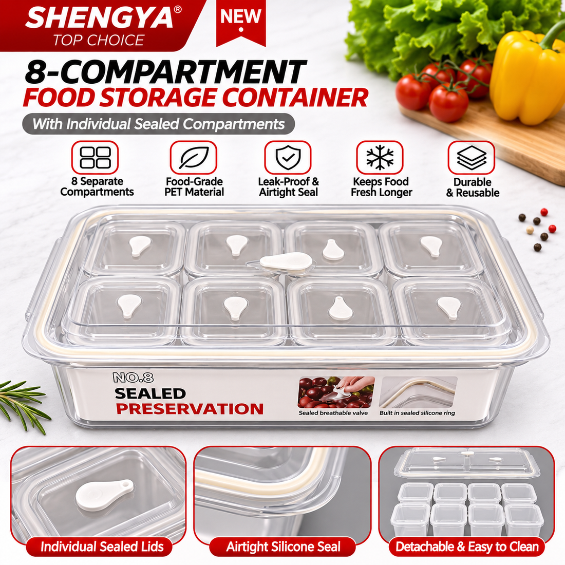 8-Compartment Food Storage Container with Individual Lids – Airtight & Reusable