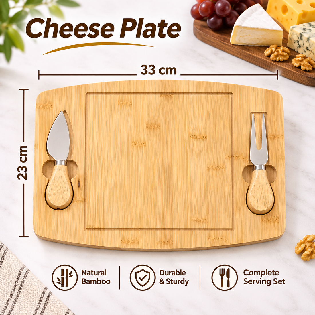 Natural Bamboo Cheese Serving Board with Knife & Fork – 33 × 23 cm