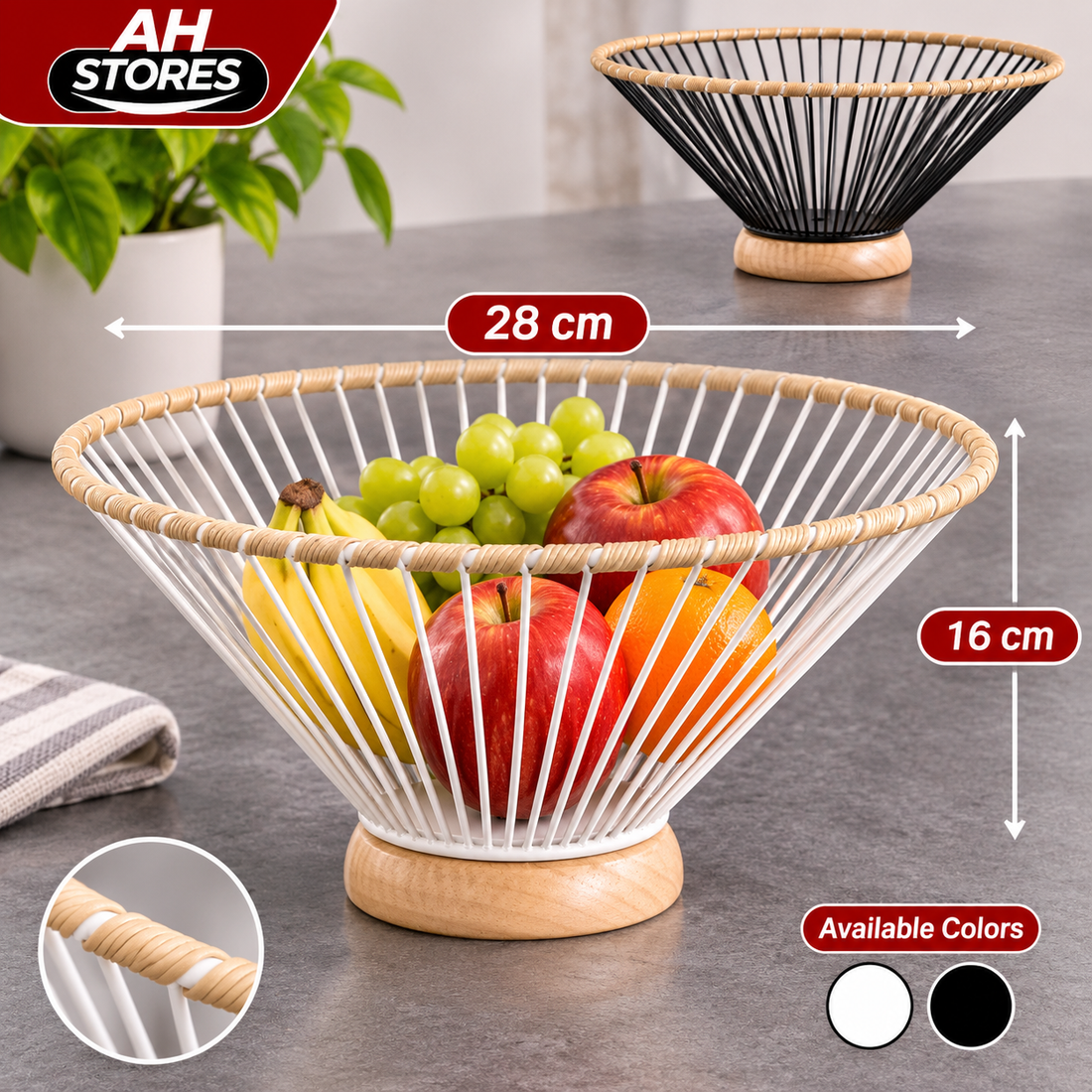 Modern Metal Wire Fruit Basket with Wooden Base – 28 × 16 cm