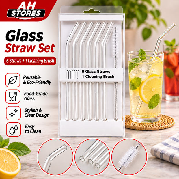 6-Piece Reusable Glass Straw Set with Cleaning Brush – Eco-Friendly Bent Straws