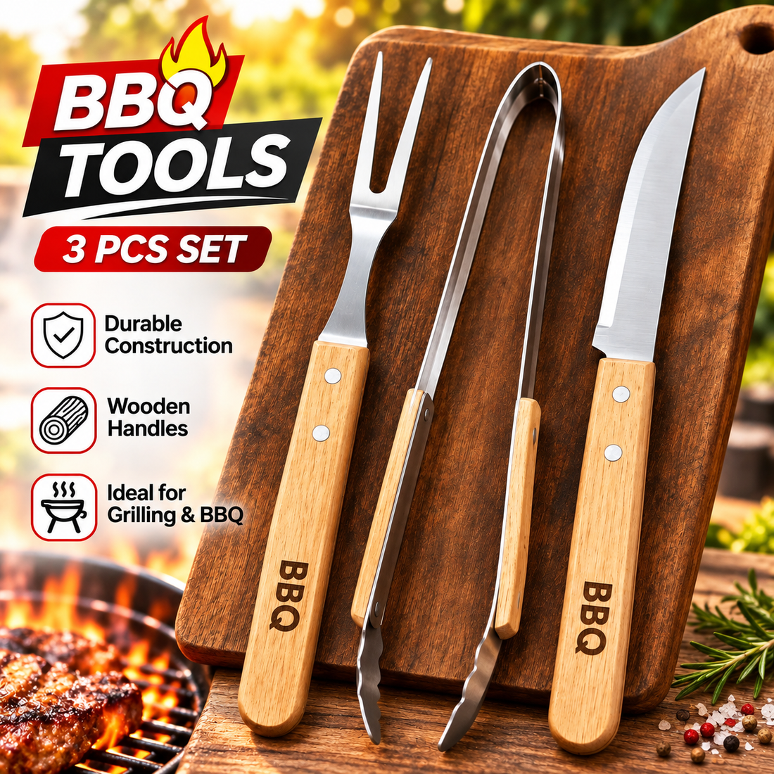 3-Piece BBQ Grilling Tools Set with Wooden Handles – Stainless Steel