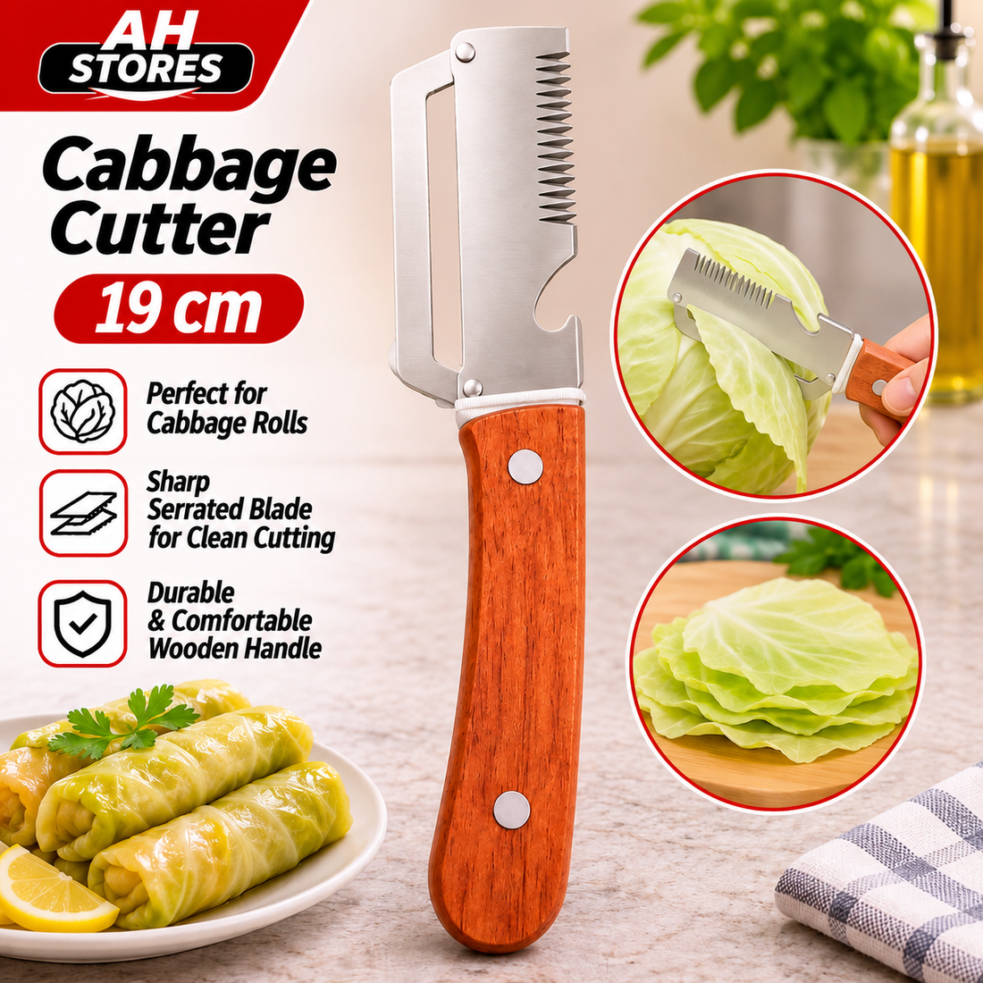 Stainless Steel Cabbage Cutter with Wooden Handle – 19 cm