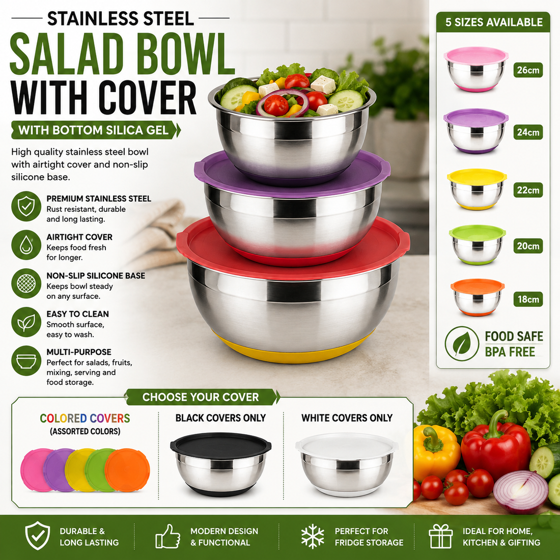 Stainless Steel Salad Bowl with Cover & Non-Slip Base – Multiple Sizes