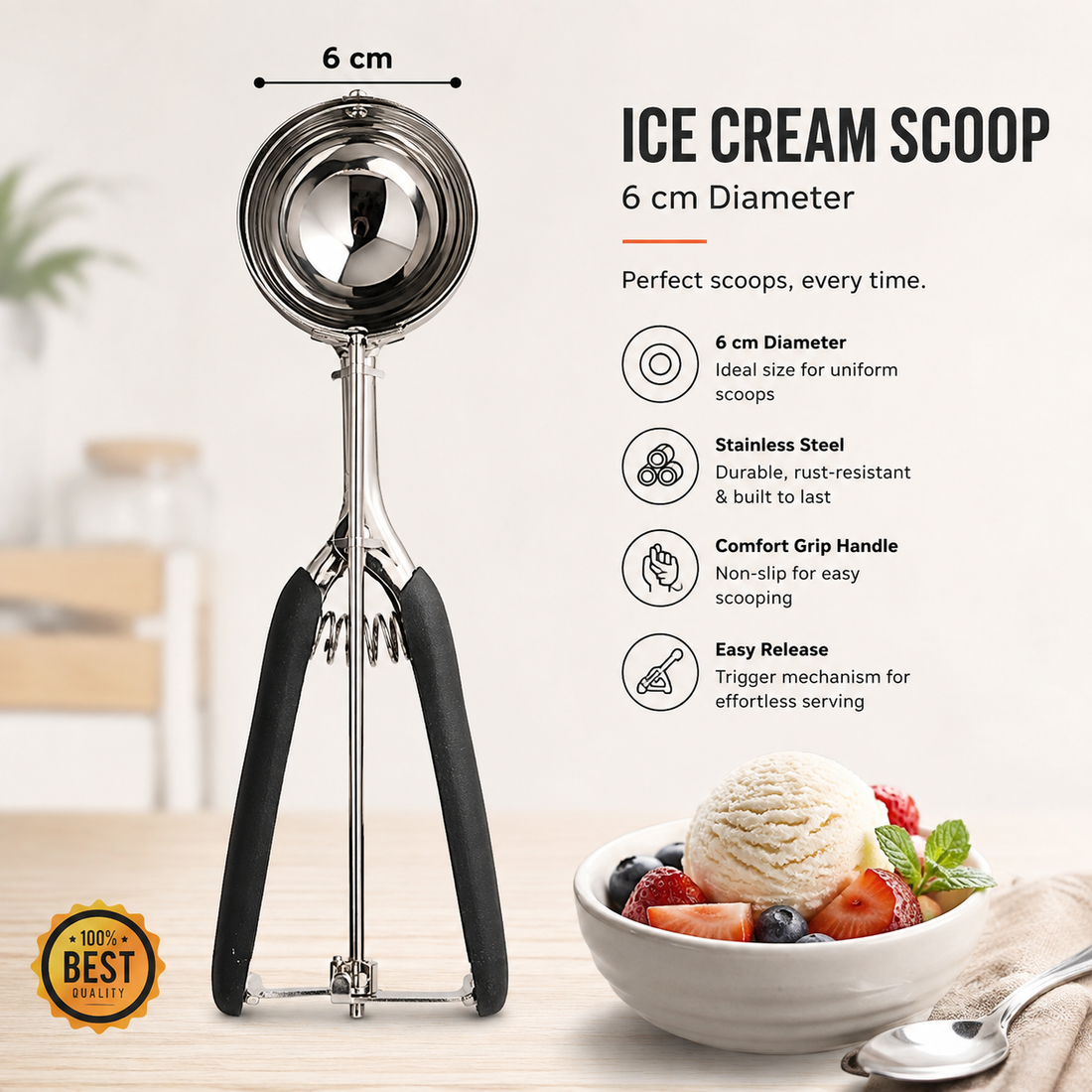 Stainless Steel Ice Cream Scoop – 6 cm