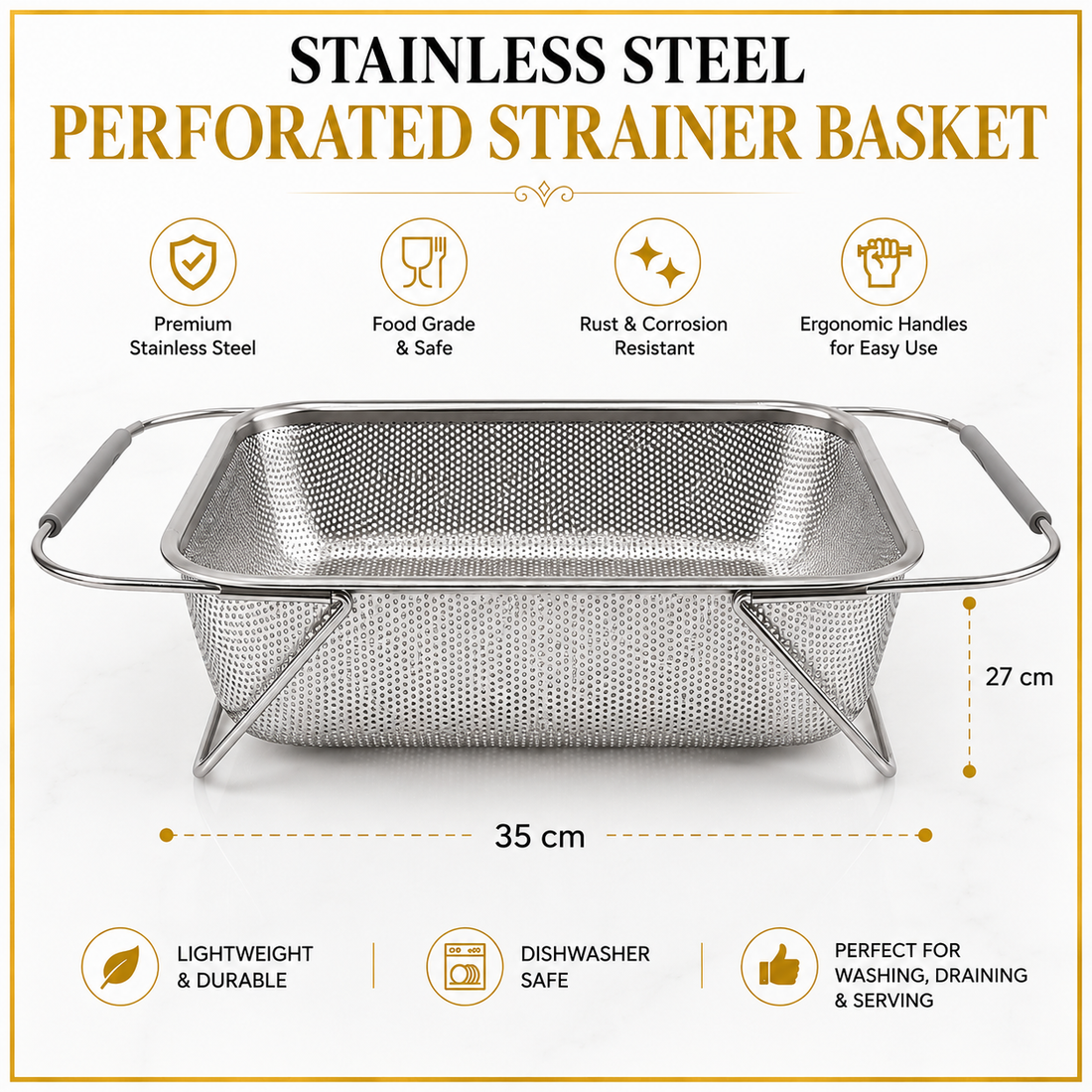Stainless Steel Perforated Strainer Basket – 35 × 27 cm