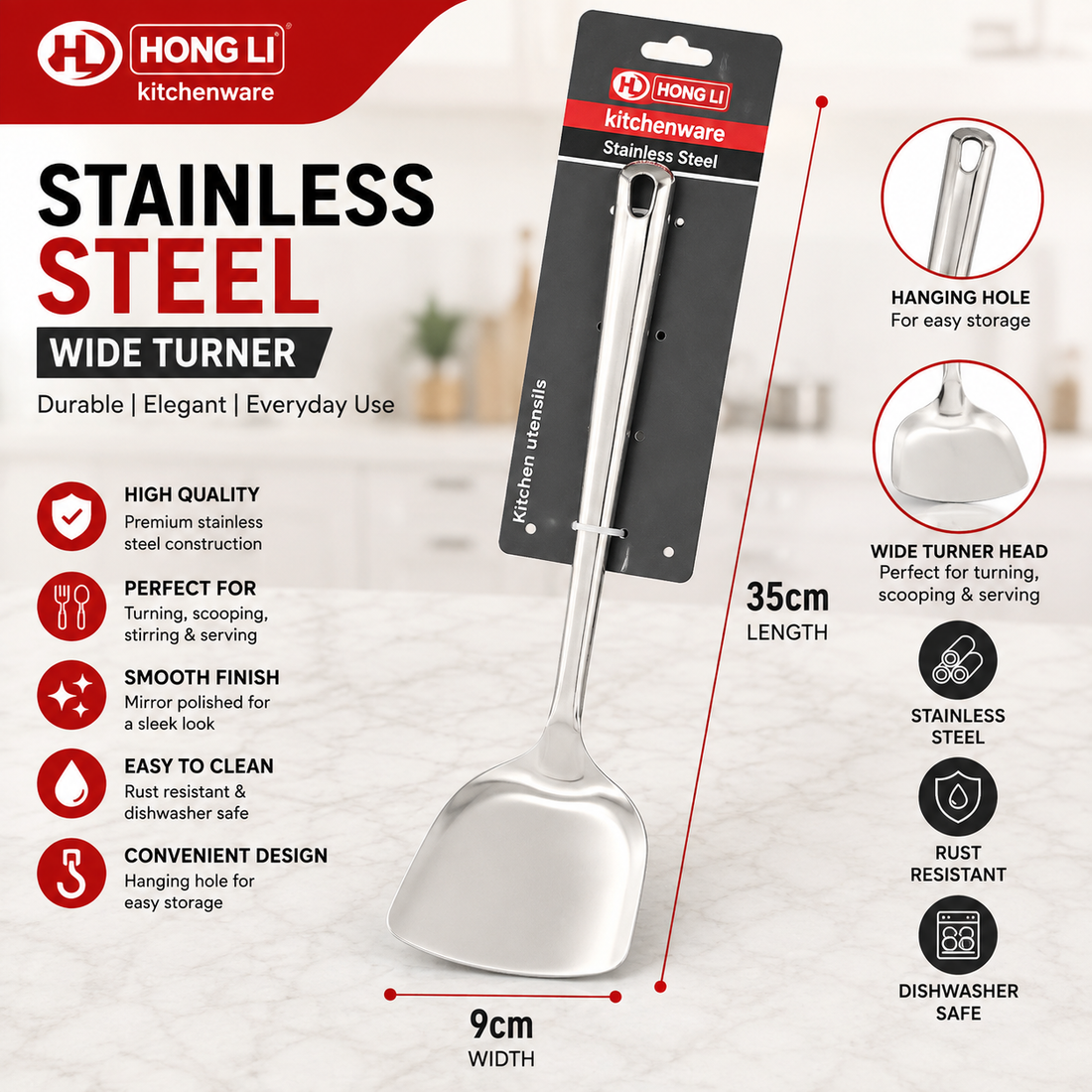 Stainless Steel 304 Wide Turner – 35 × 9cm