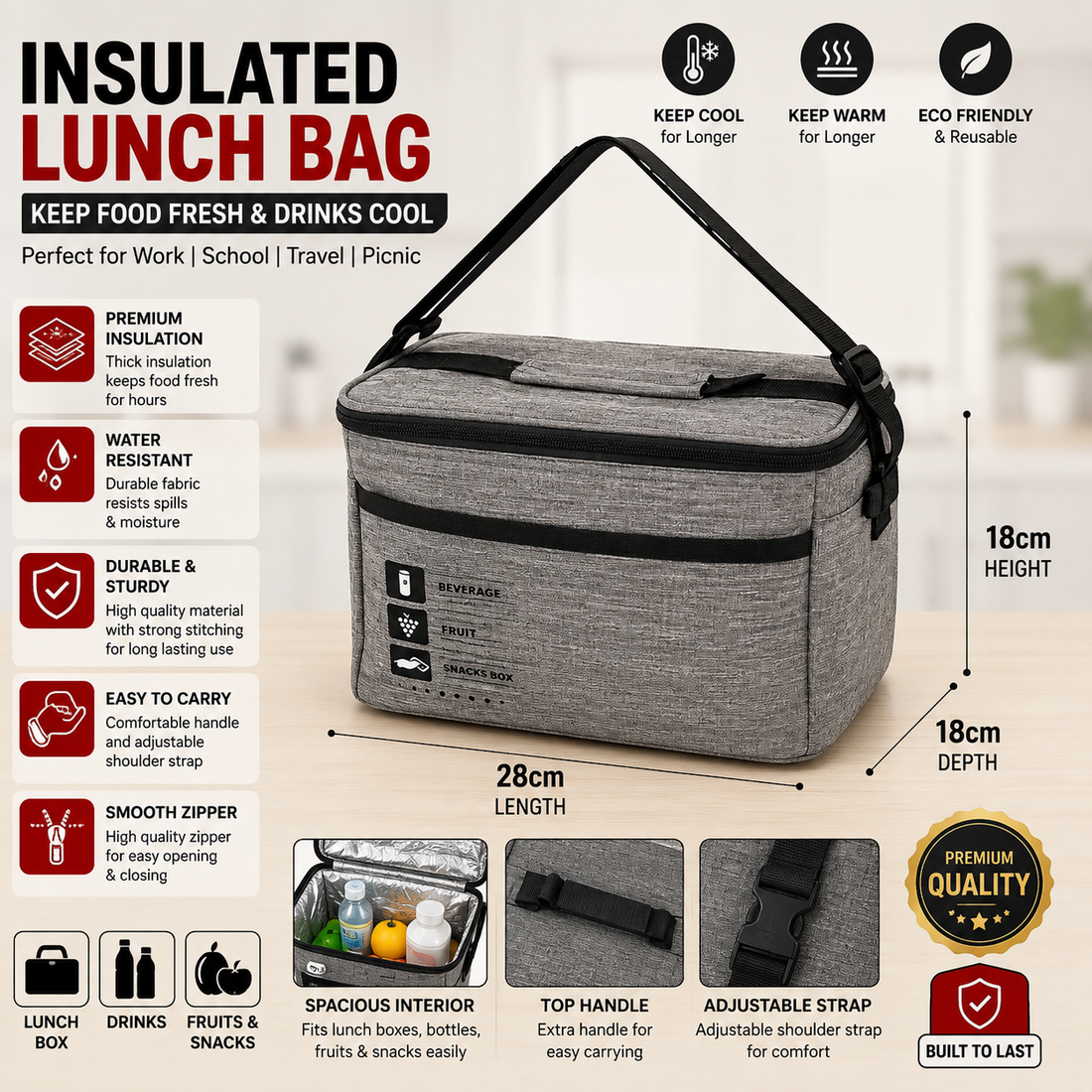 Insulated Lunch Bag – 28 × 18 × 18cm