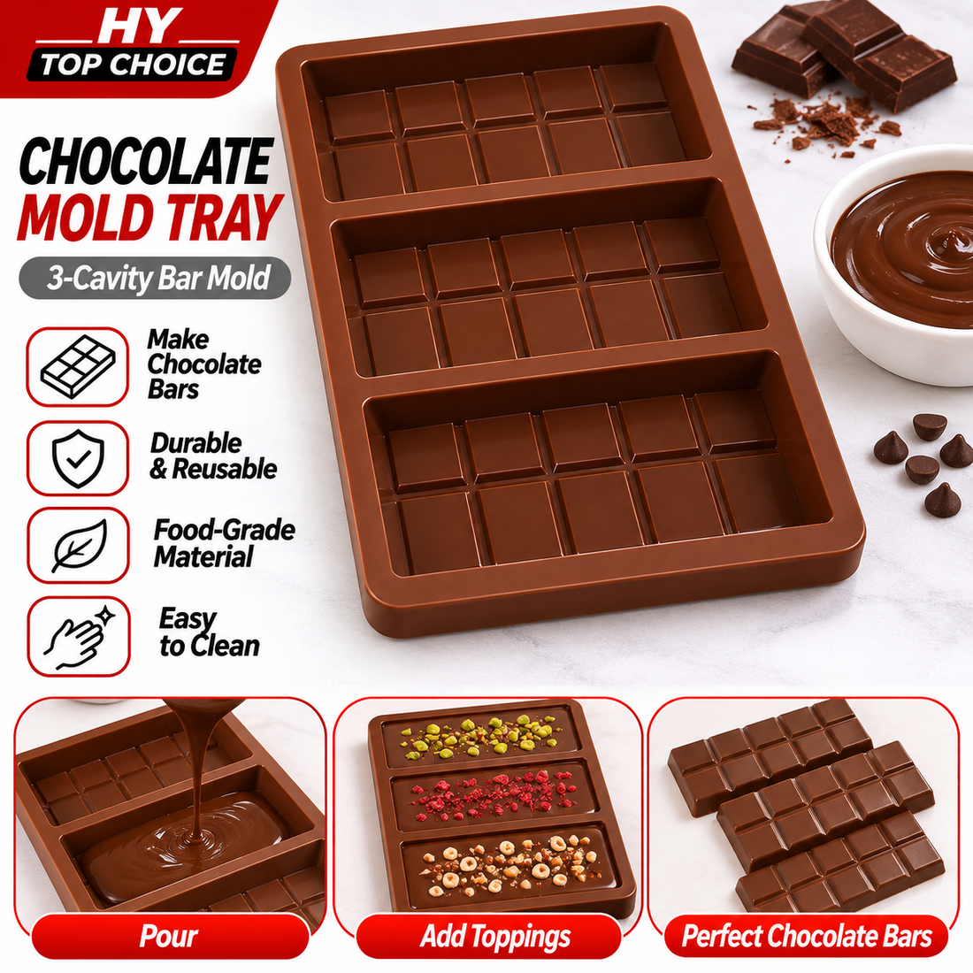 3-Cavity Chocolate Bar Mold Tray – Reusable Chocolate Making Mold