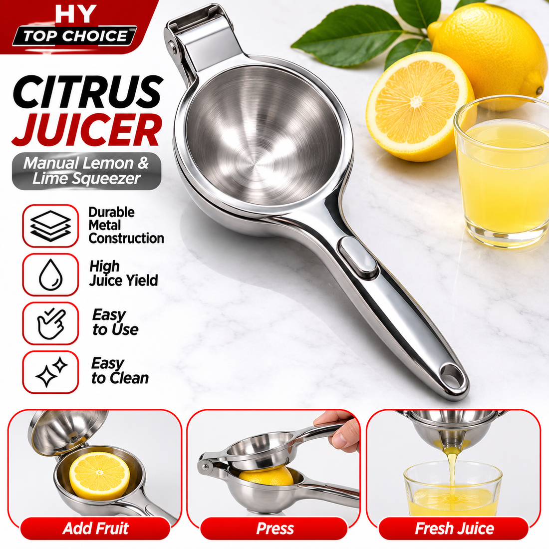 Stainless Steel Manual Citrus Juicer – Heavy-Duty Lemon & Lime Squeezer