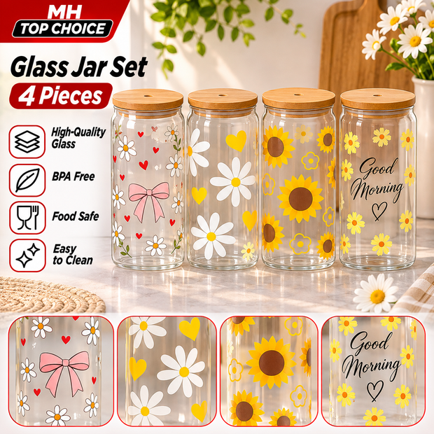 4-Piece Decorative Glass Jar Set with Wooden Lids – Floral & Daisy Designs