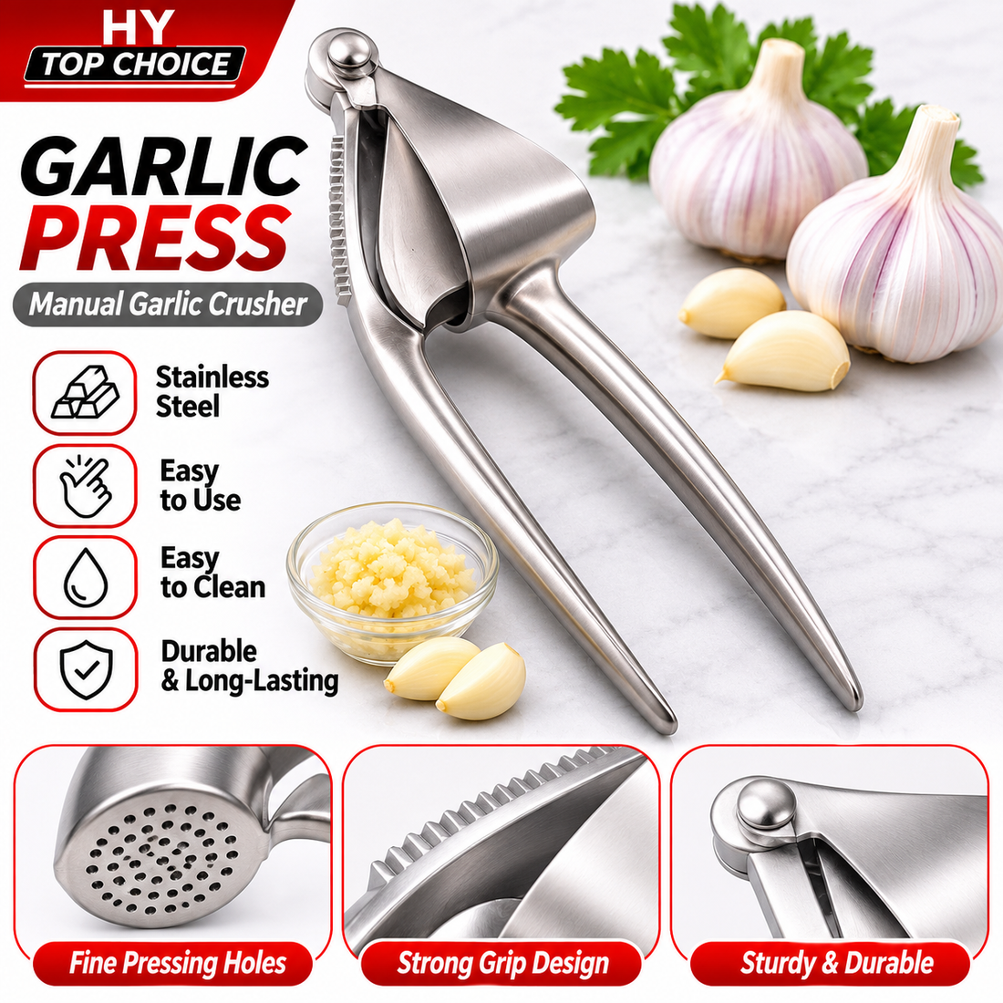 Stainless Steel Manual Garlic Press & Crusher – Heavy-Duty Garlic Mincer