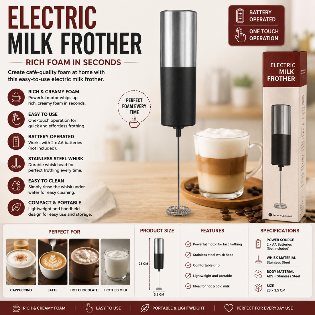 Electric Milk Frother – Handheld Battery Operated