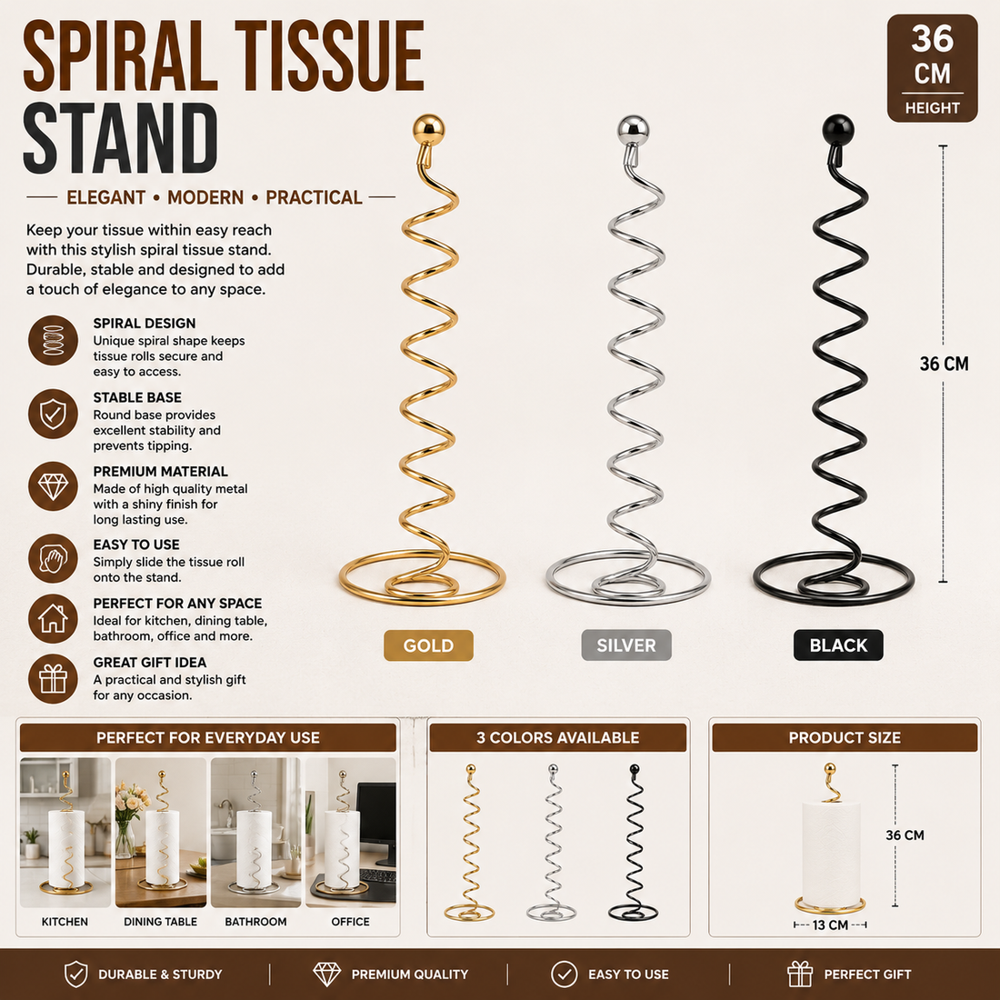 Spiral Tissue Stand – 36 cm | Gold, Silver & Black