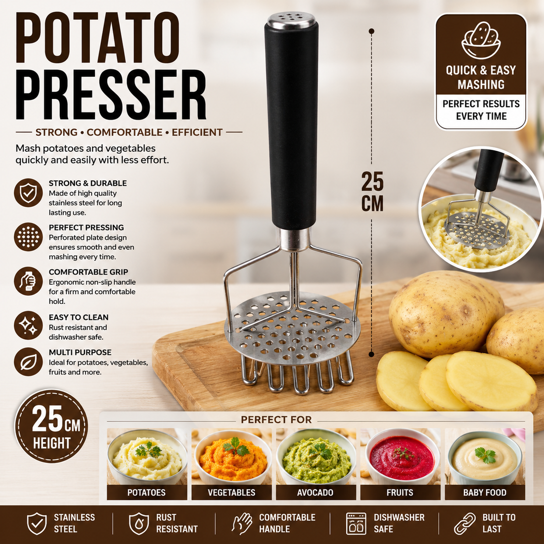 Stainless Steel Potato Presser – 25 cm