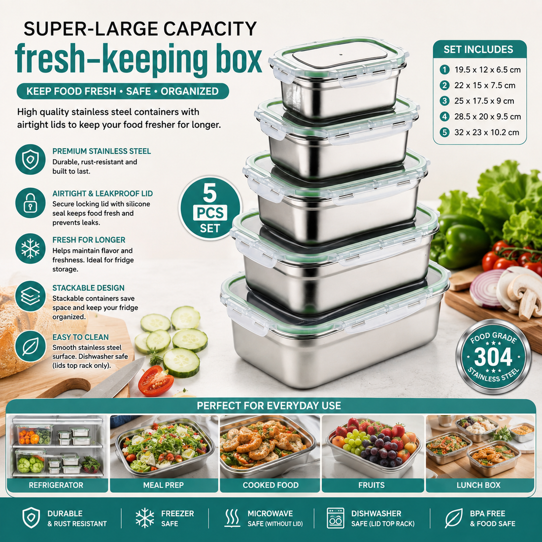 5-Piece Stainless Steel Fresh-Keeping Food Container Set
