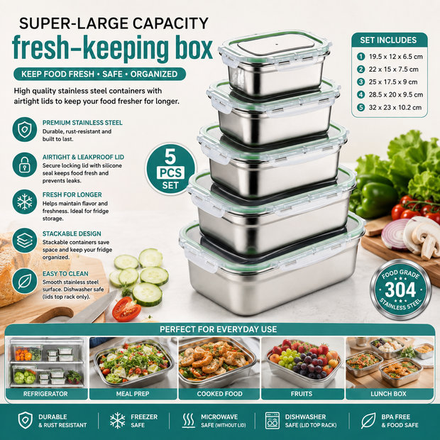 5-Piece Stainless Steel Fresh-Keeping Food Container Set