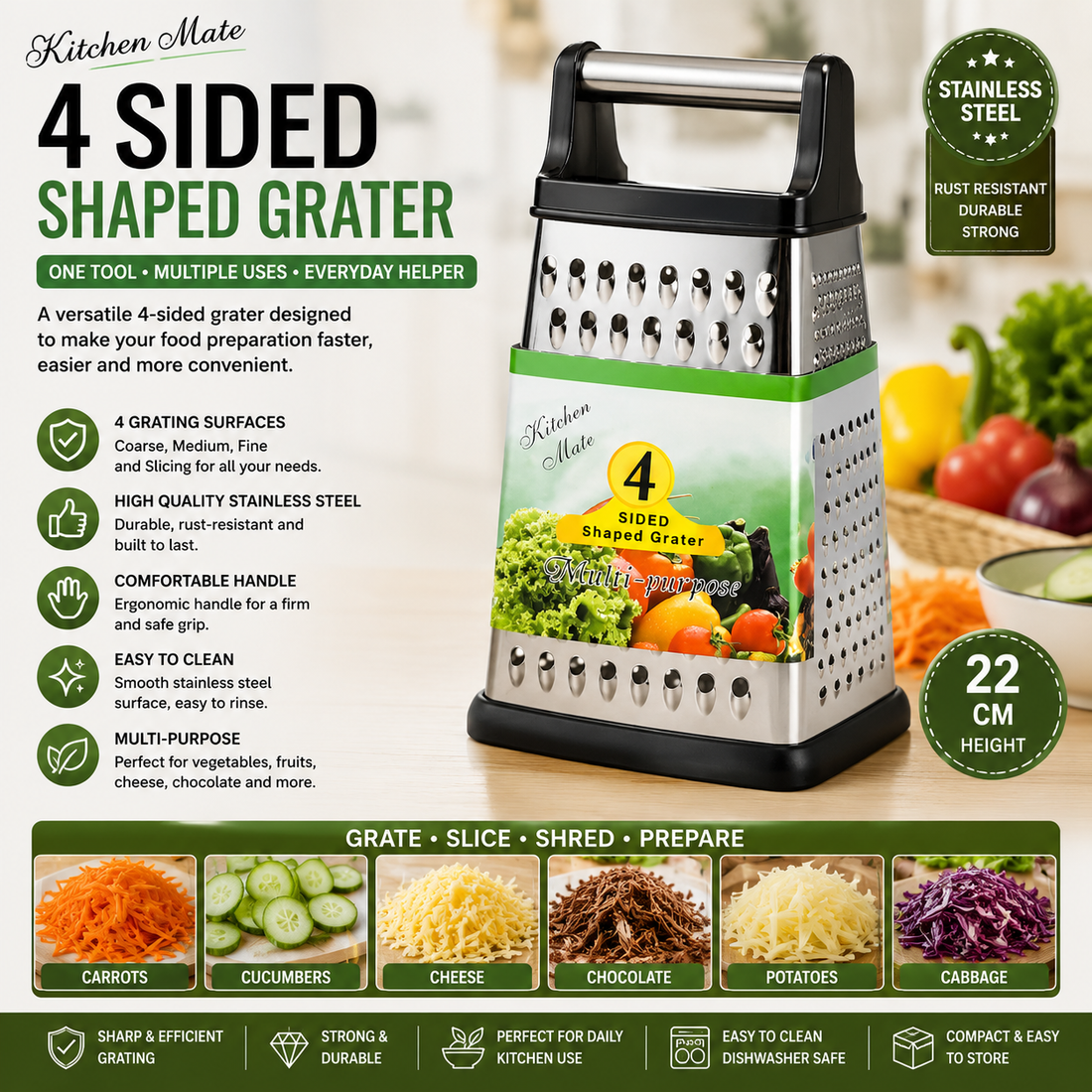 4-Sided Stainless Steel Box Grater – 22 cm