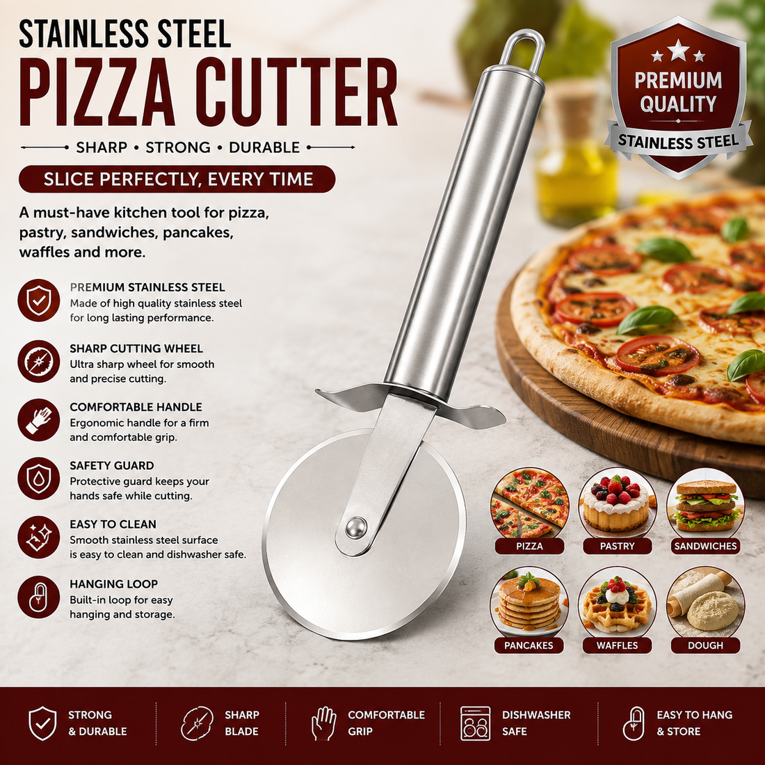 Stainless Steel Pizza Cutter with Rolling Wheel
