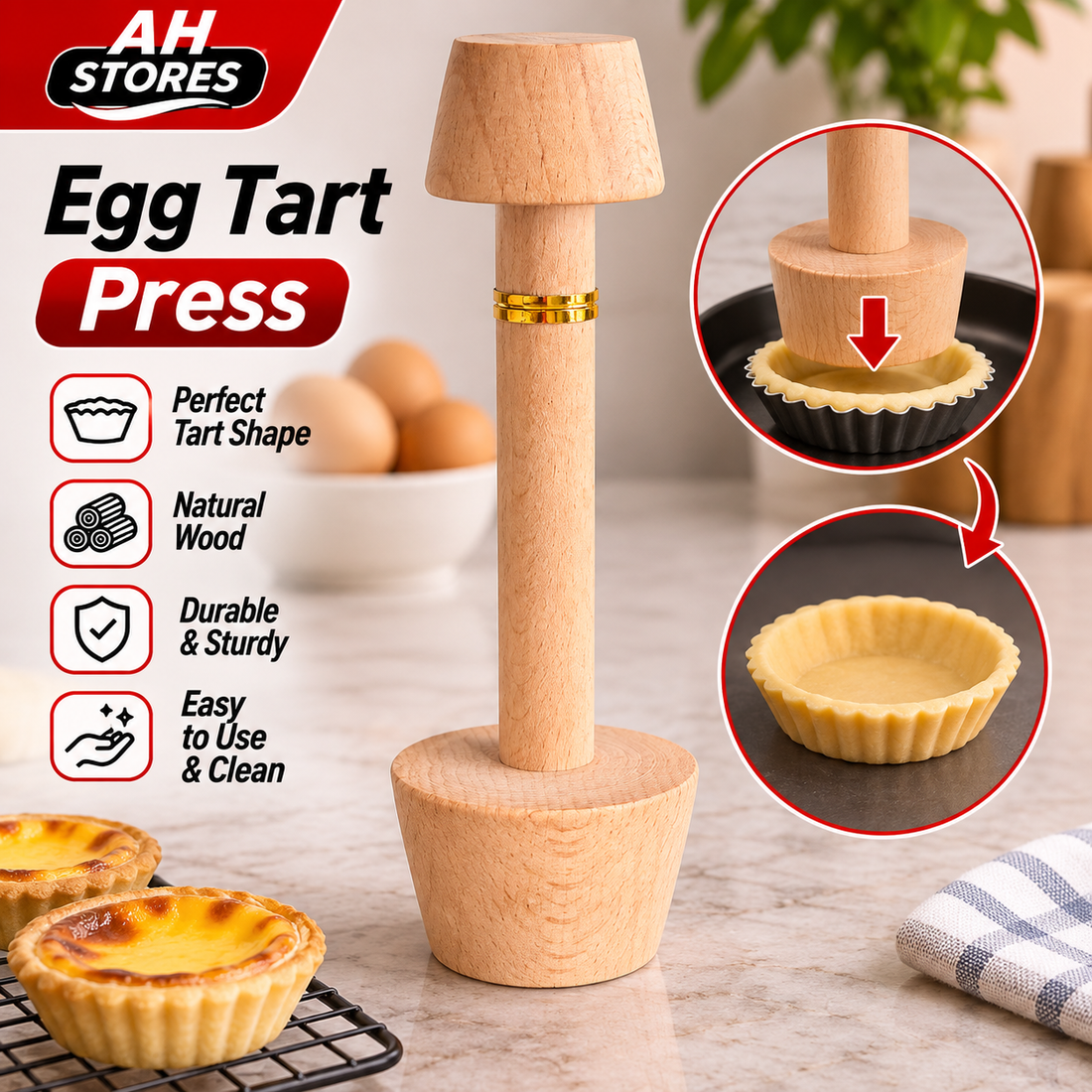 Wooden Egg Tart Press – Manual Pastry Dough Shaper & Tart Mold Tool