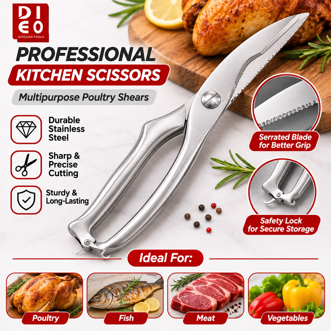 Professional Heavy-Duty Stainless Steel Kitchen Scissors with Safety Lock
