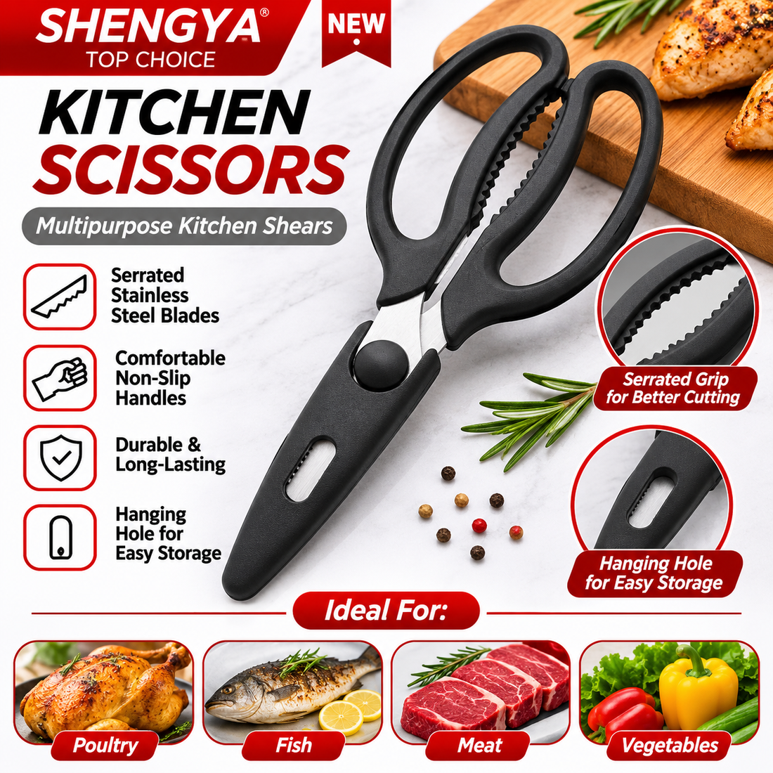 SHENGYA Multipurpose Stainless Steel Kitchen Scissors with Ergonomic Handles