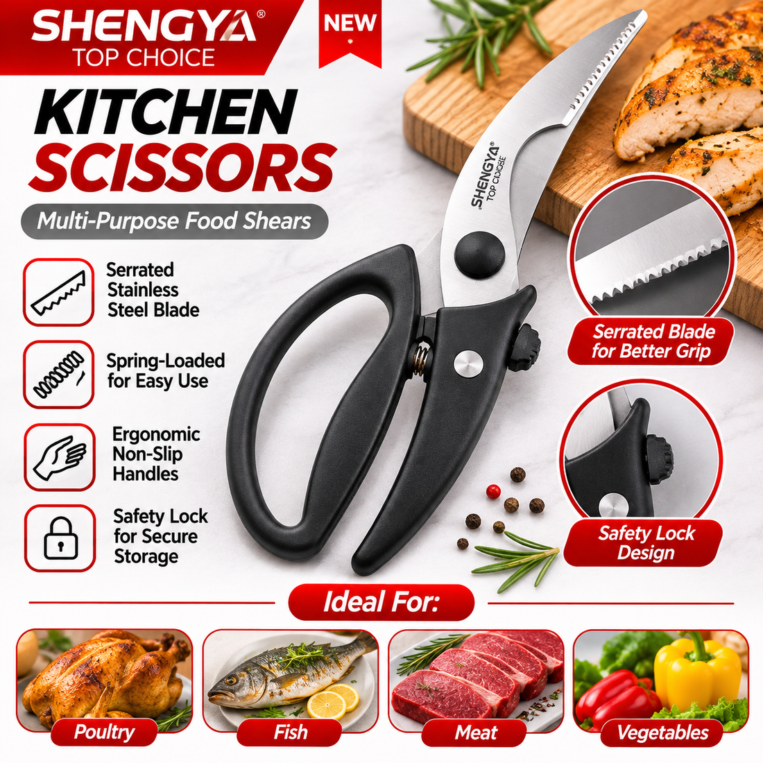 Professional Stainless Steel Kitchen Scissors – Multipurpose Poultry Shears with Safety Lock