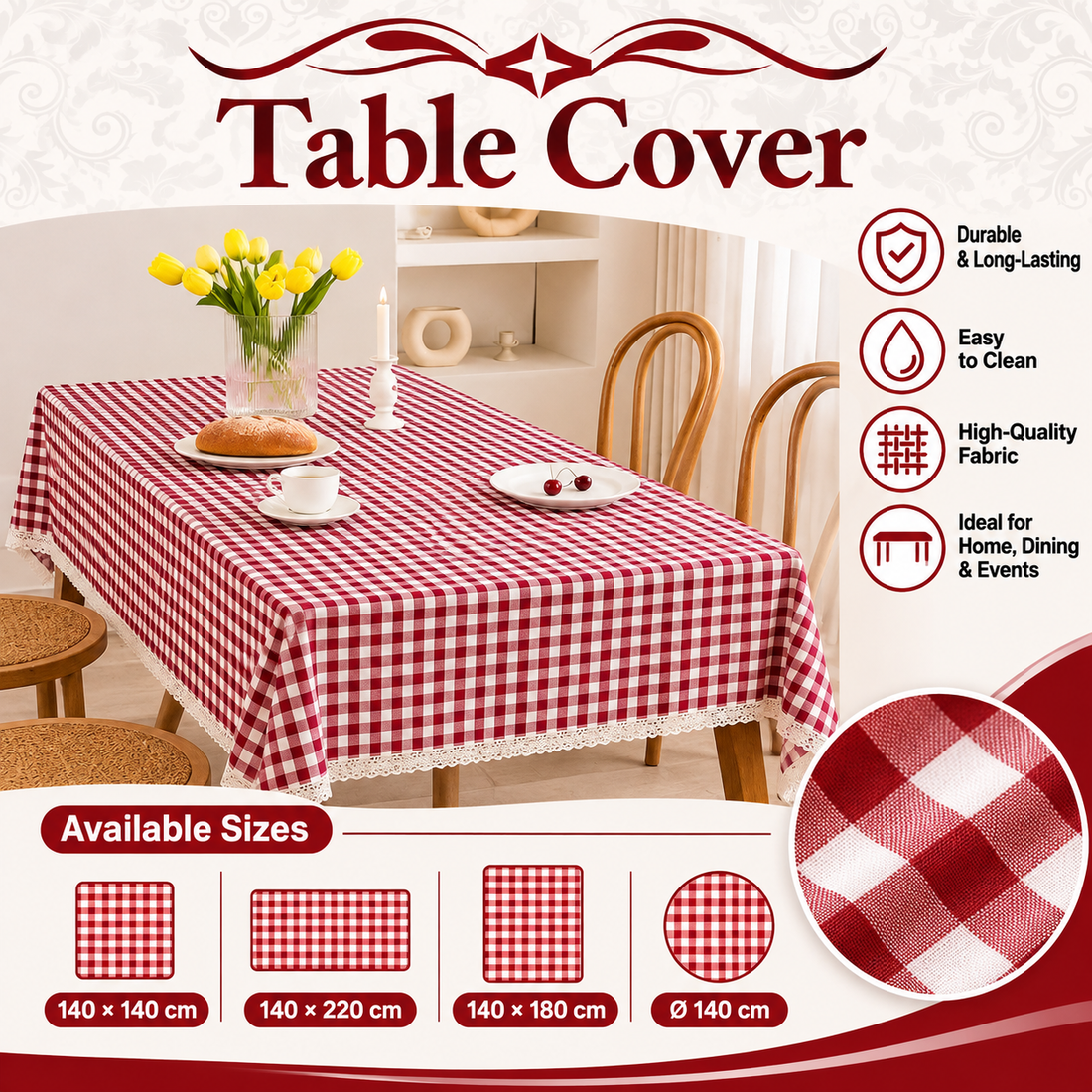 Red & White Checkered Table Cover – Available in 4 Sizes