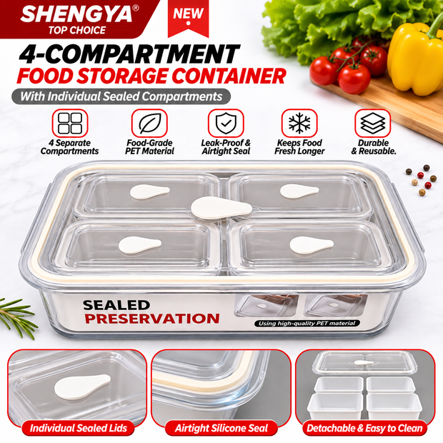 4-Compartment Food Storage Container with Individual Lids – Airtight & Reusable