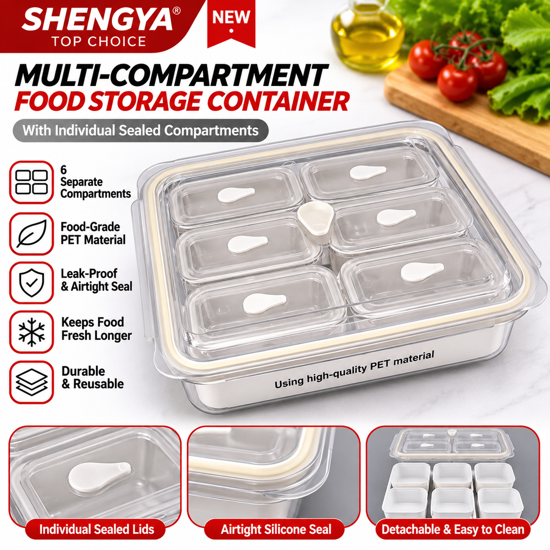 6-Compartment Food Storage Container with Individual Lids – Airtight & Reusable
