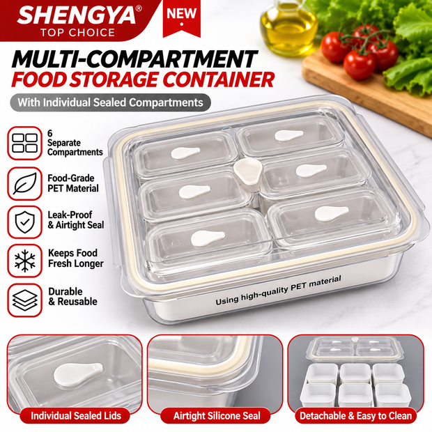 6-Compartment Food Storage Container with Individual Lids – Airtight & Reusable