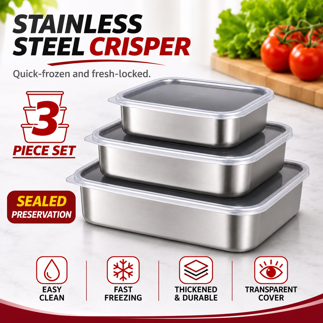 Stainless Steel Food Storage Containers with Lids – 3-Piece Set